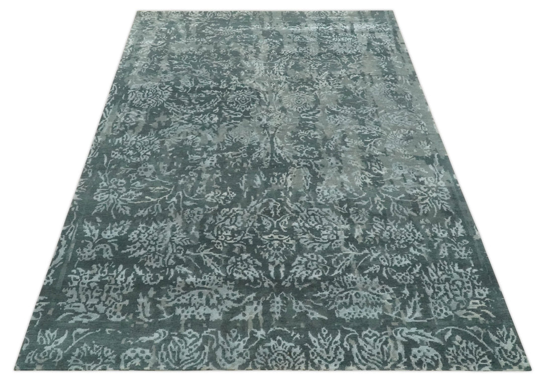 Modern Abstract Charcoal, Grey and Silver Hand Knotted 6x9.4 Floral Wool and Silk Area Rug - The Rug Decor