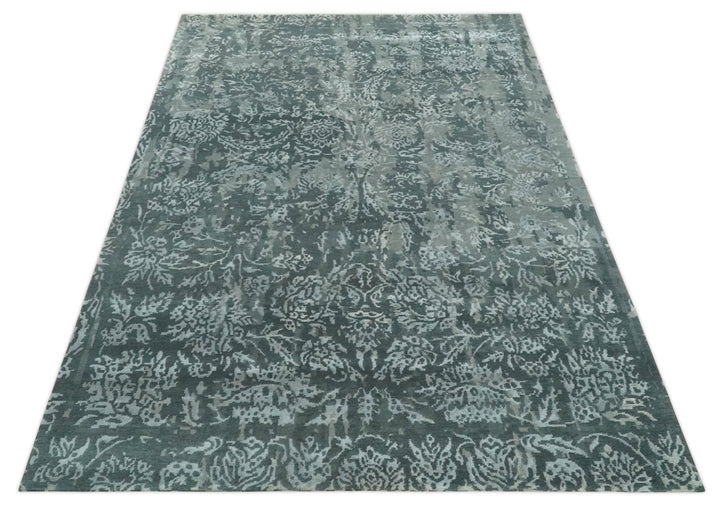 Modern Abstract Charcoal, Grey and Silver Hand Knotted 6x9.4 Floral Wool and Silk Area Rug - The Rug Decor