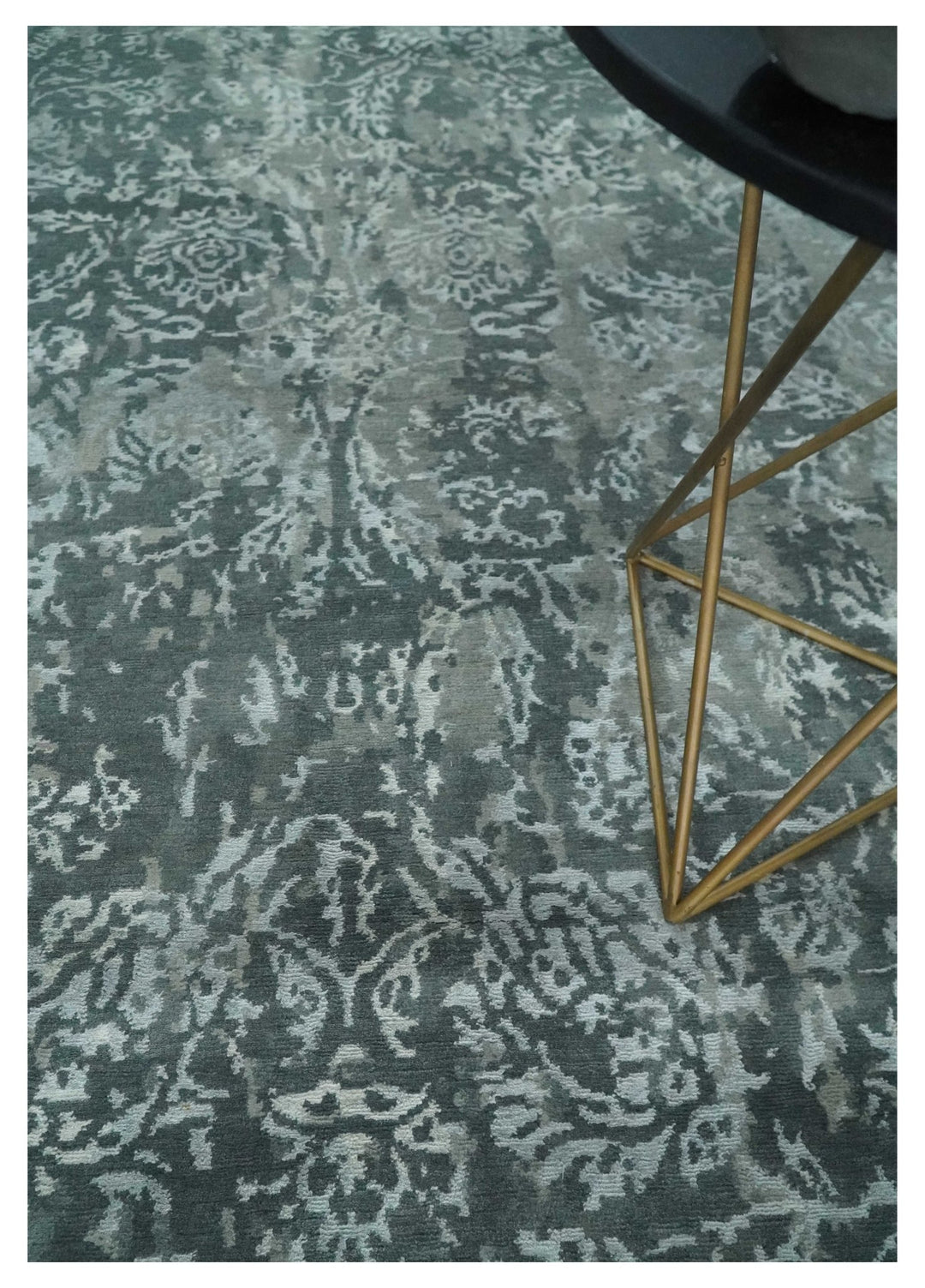 Modern Abstract Charcoal, Grey and Silver Hand Knotted 6x9.4 Floral Wool and Silk Area Rug - The Rug Decor