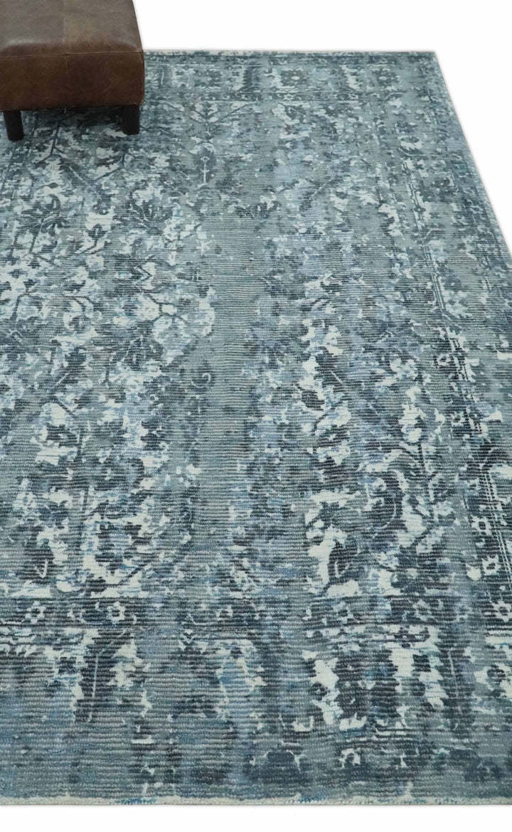 Modern Abstract Gray, Blue, Charcoal and Ivory 5x8 Hand loom wool and Viscose Area Rug - The Rug Decor