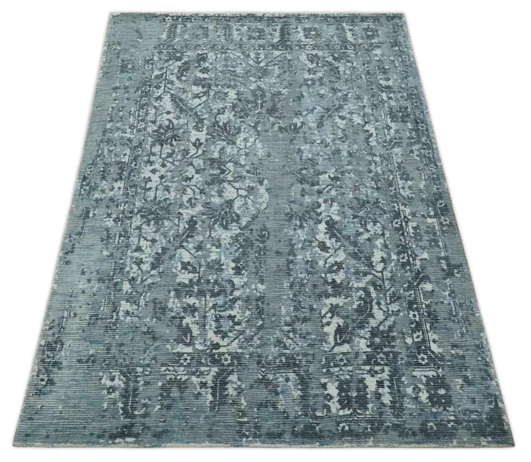Modern Abstract Gray, Blue, Charcoal and Ivory 5x8 Hand loom wool and Viscose Area Rug - The Rug Decor