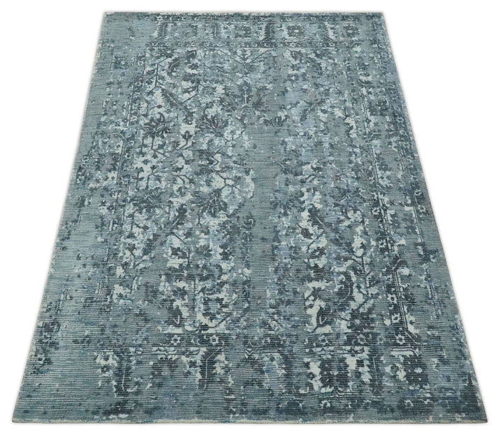 Modern Abstract Gray, Blue, Charcoal and Ivory 5x8 Hand loom wool and Viscose Area Rug - The Rug Decor