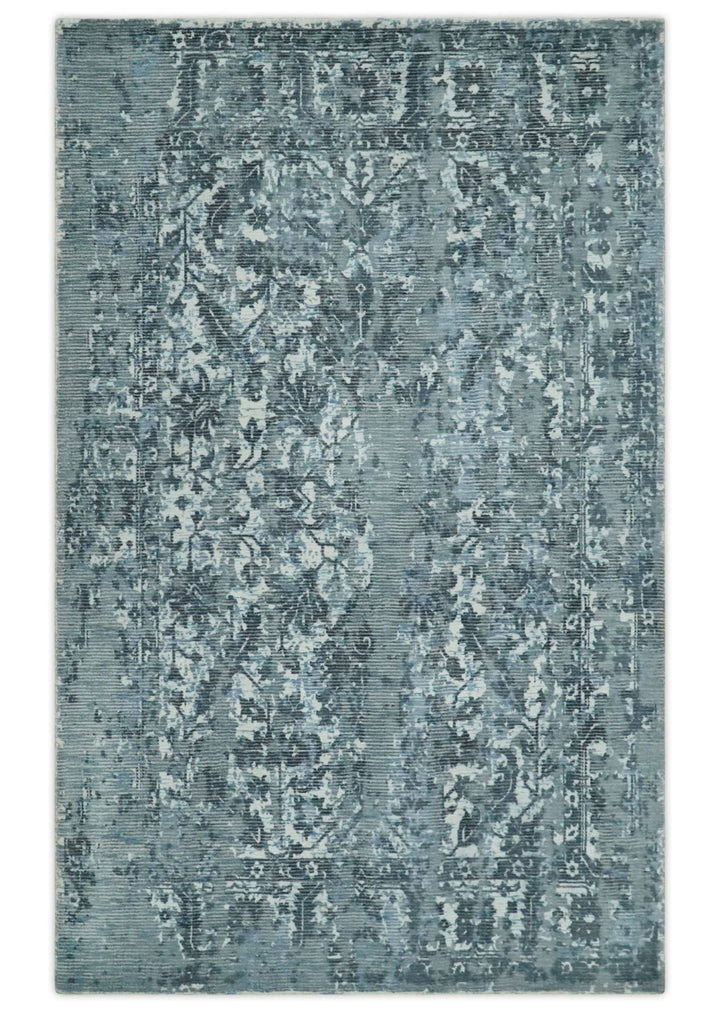 Modern Abstract Gray, Blue, Charcoal and Ivory 5x8 Hand loom wool and Viscose Area Rug - The Rug Decor