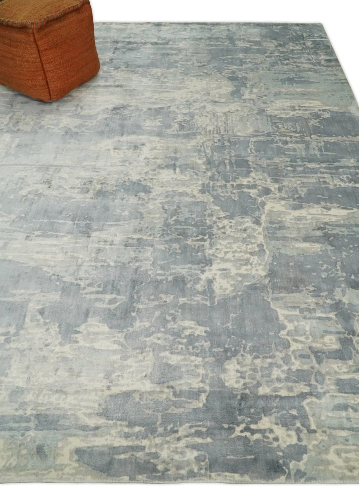 Modern Abstract Handmade 8x10 Beige and Gray Bamboo Silk Area Rug | QT20 - The Rug Decor