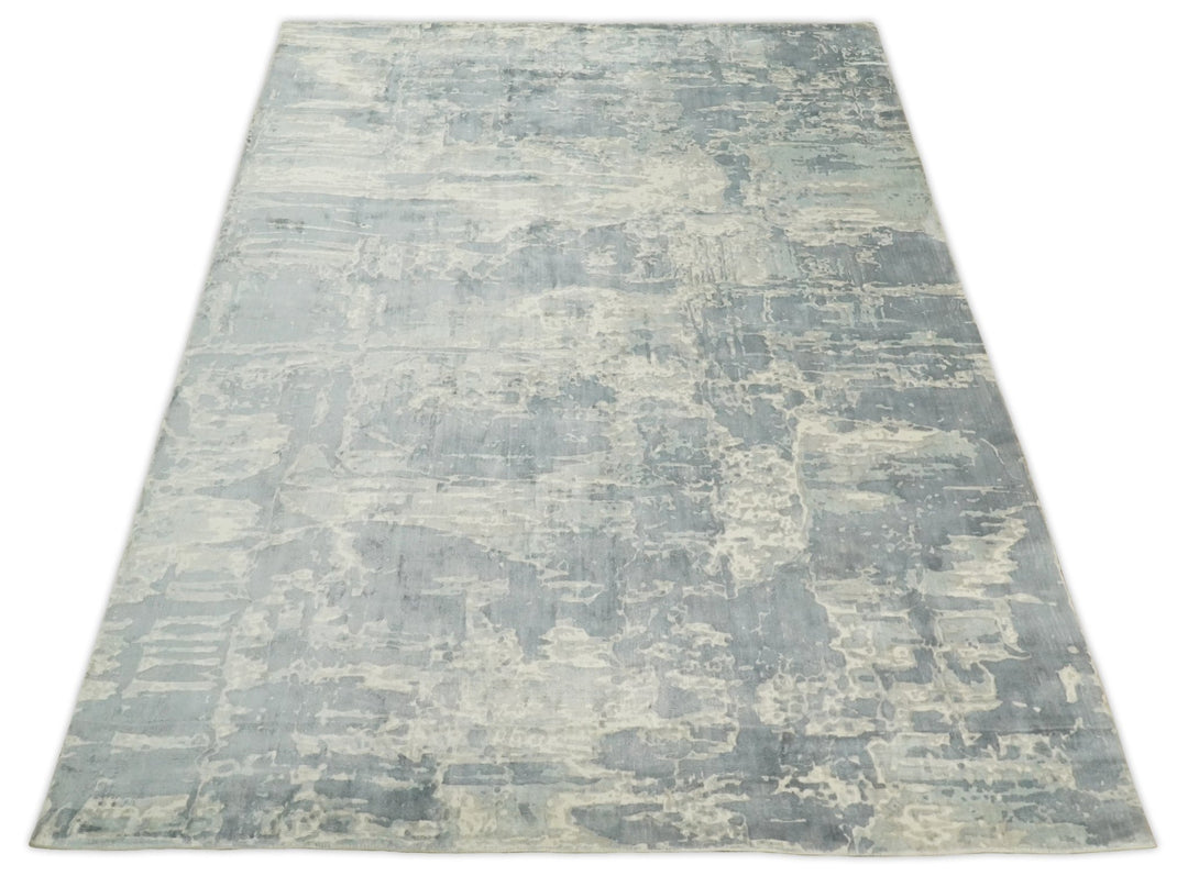 Modern Abstract Handmade 8x10 Beige and Gray Bamboo Silk Area Rug | QT20 - The Rug Decor
