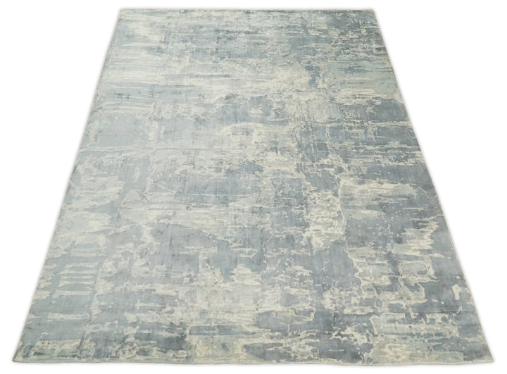 Modern Abstract Handmade 8x10 Beige and Gray Bamboo Silk Area Rug | QT20 - The Rug Decor
