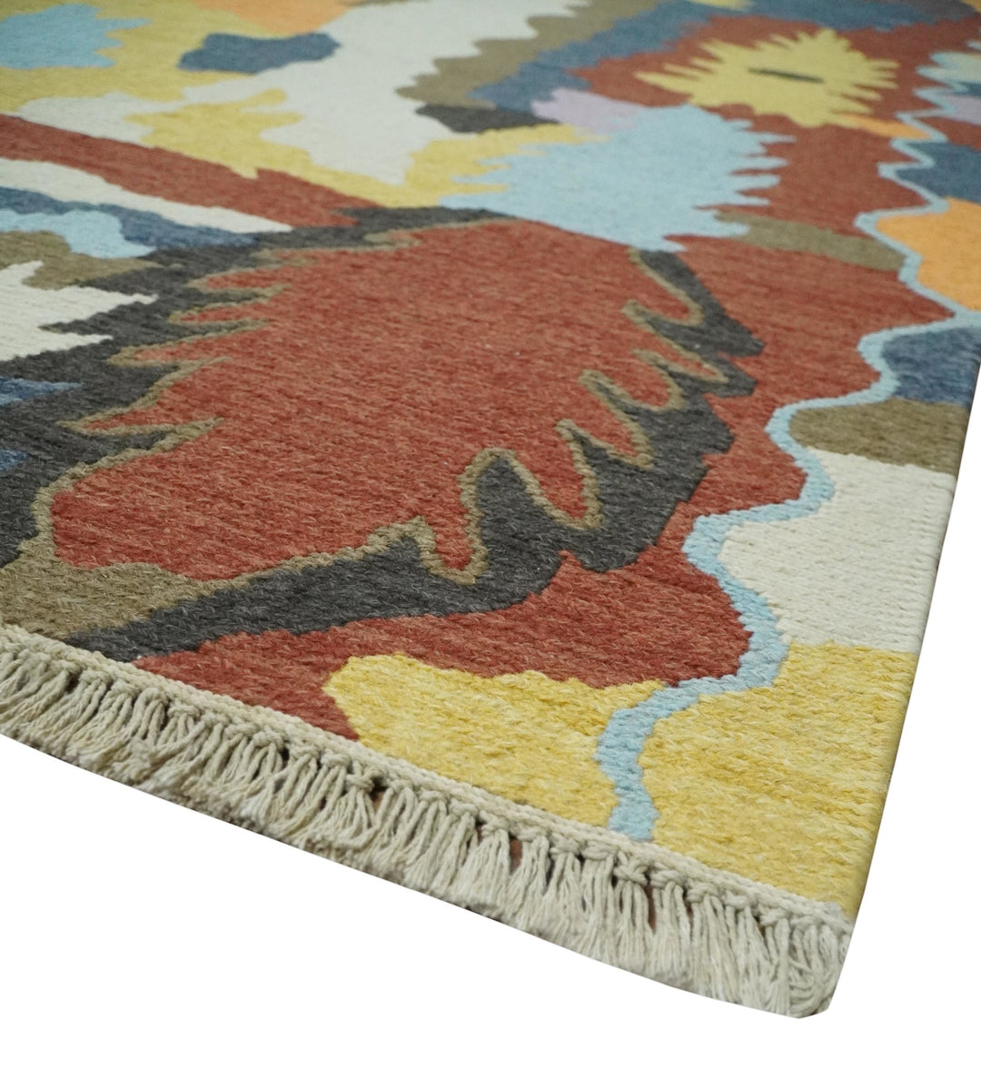 Modern Abstract Look Multi Color 5x8 Hand Woven Soumak Dhurrie Wool Area Rug - The Rug Decor
