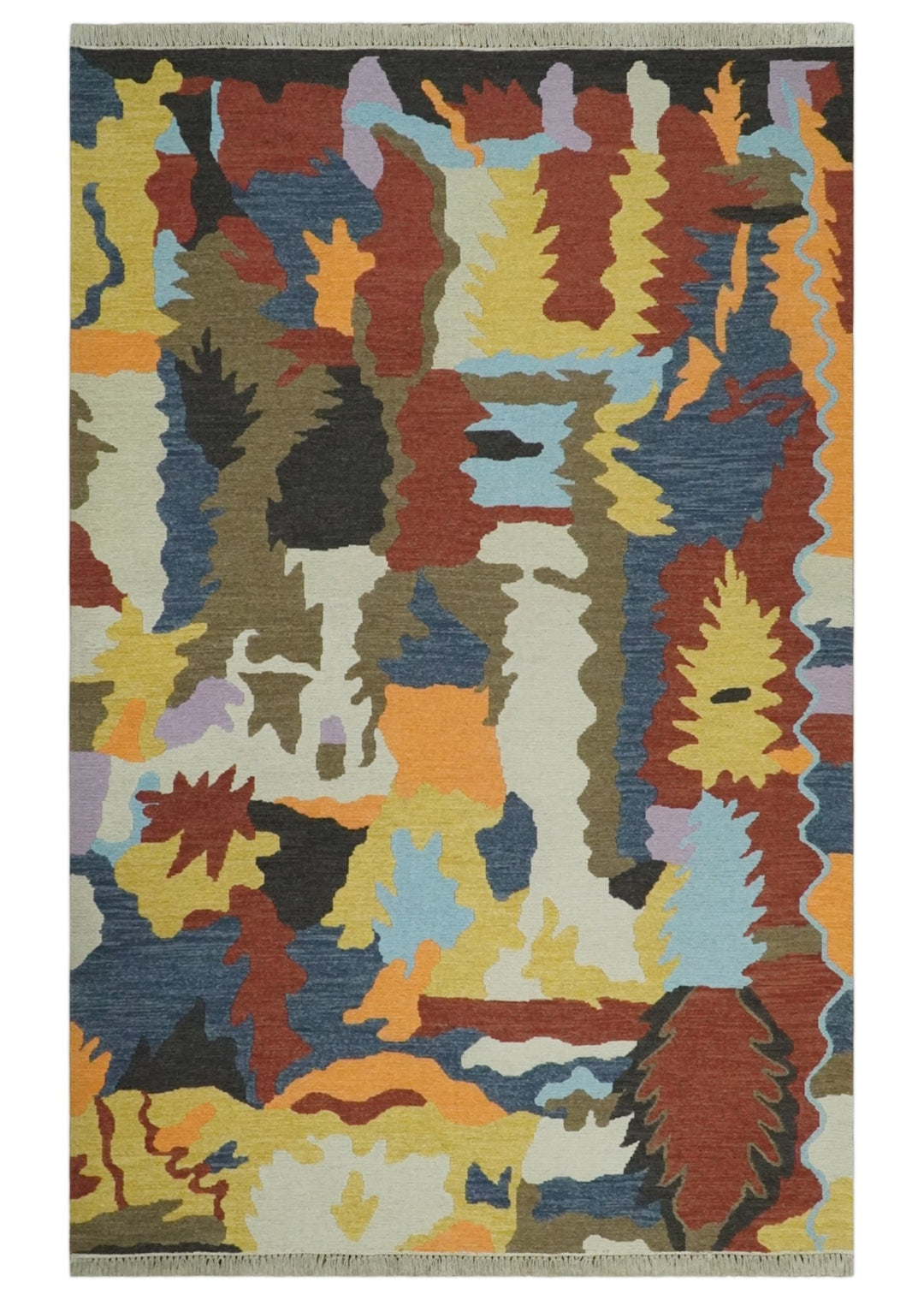 Modern Abstract Look Multi Color 5x8 Hand Woven Soumak Dhurrie Wool Area Rug - The Rug Decor