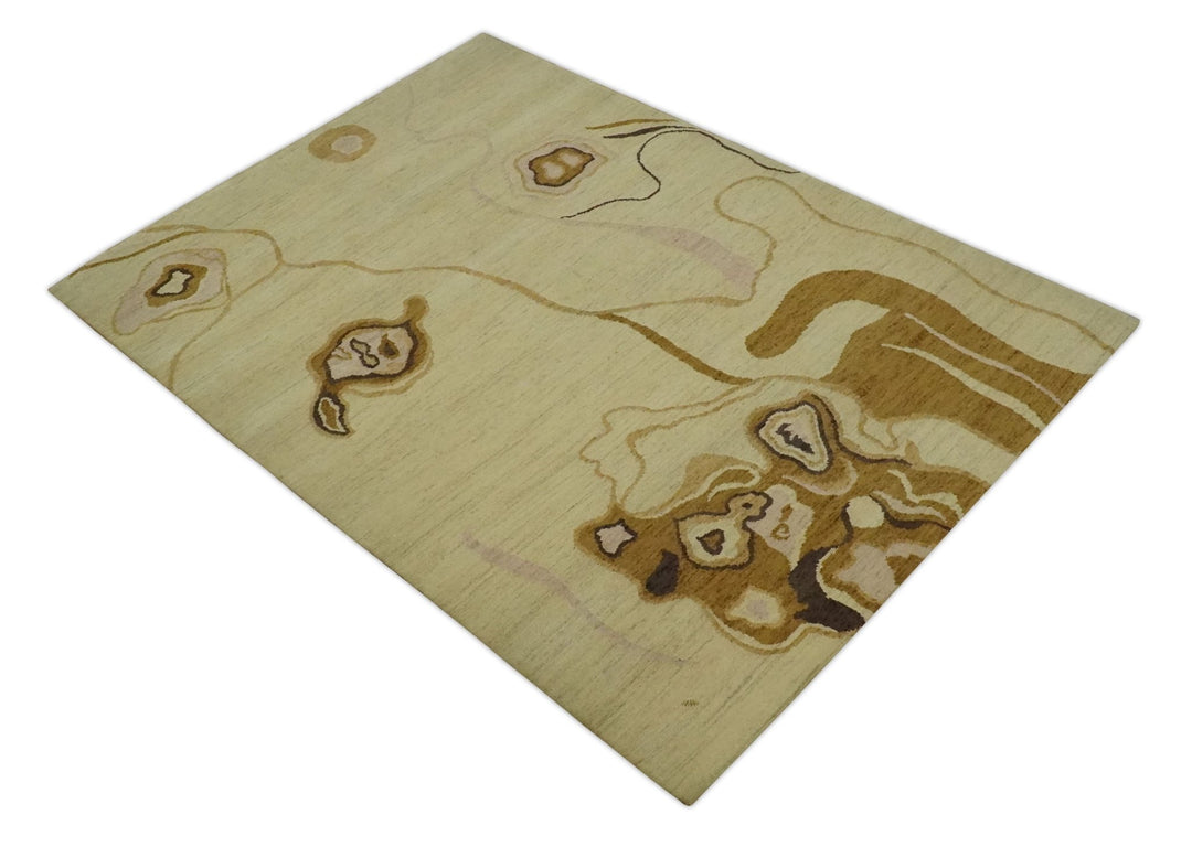 Modern abstract Olive and Brown Hand Knotted 5x8 Wool Area Rug - The Rug Decor