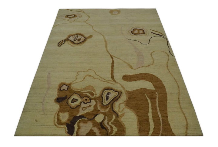 Modern abstract Olive and Brown Hand Knotted 5x8 Wool Area Rug - The Rug Decor