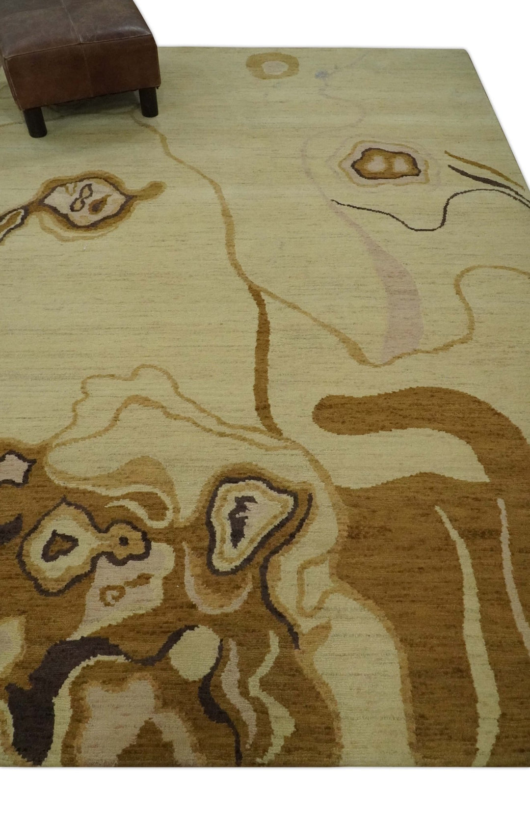 Modern abstract Olive and Brown Hand Knotted 5x8 Wool Area Rug - The Rug Decor