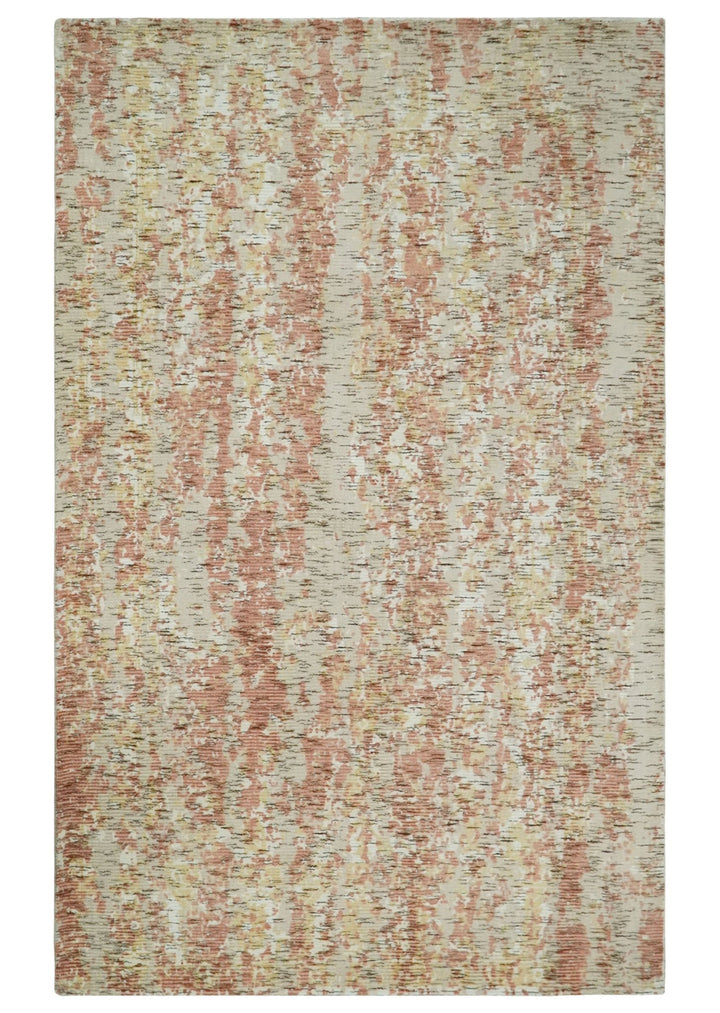 Modern Abstract Peach, Ivory, Gold and Charcoal Hand loom 5x8 Wool and Viscose Area Rug - The Rug Decor
