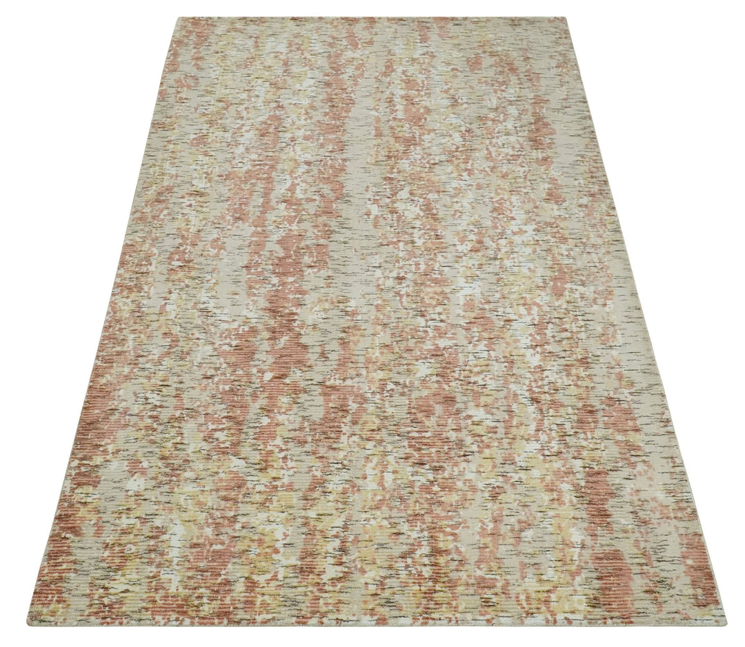 Modern Abstract Peach, Ivory, Gold and Charcoal Hand loom 5x8 Wool and Viscose Area Rug - The Rug Decor