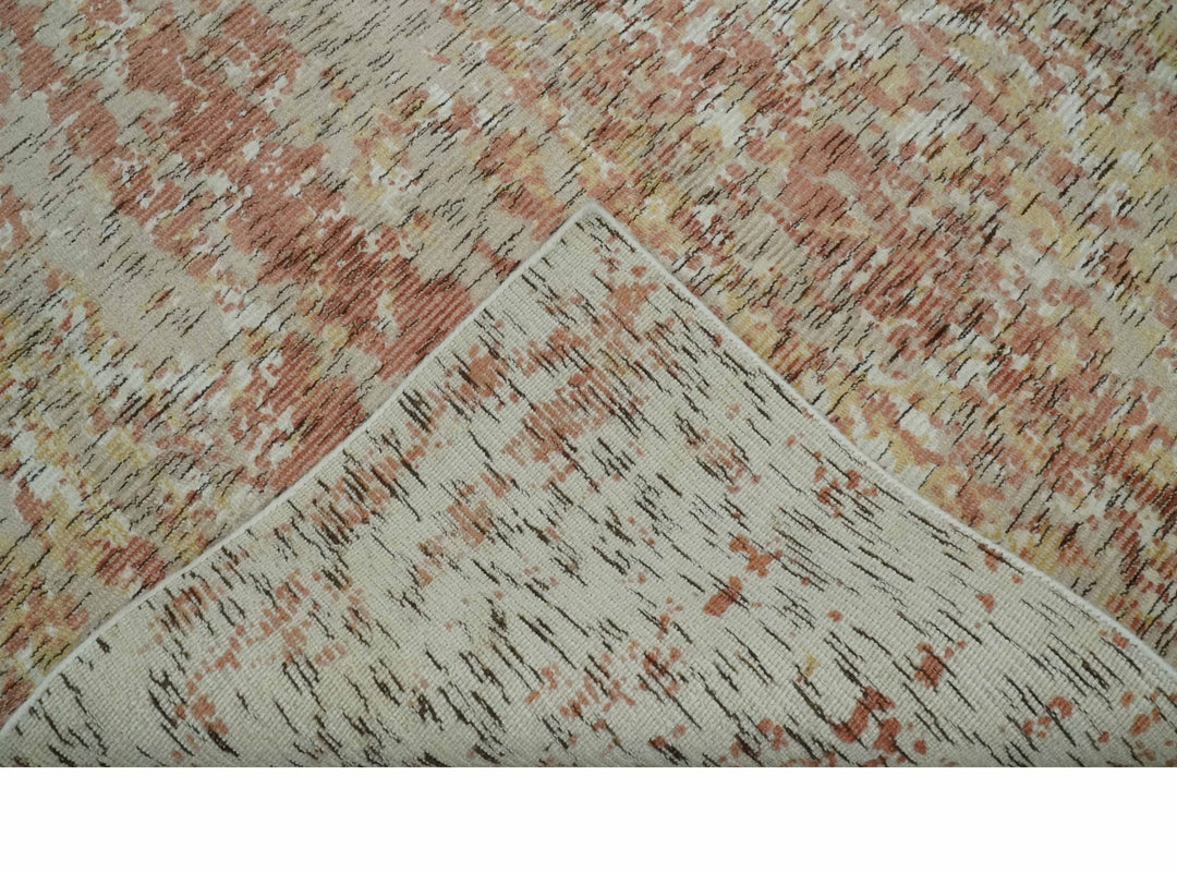 Modern Abstract Peach, Ivory, Gold and Charcoal Hand loom 5x8 Wool and Viscose Area Rug - The Rug Decor