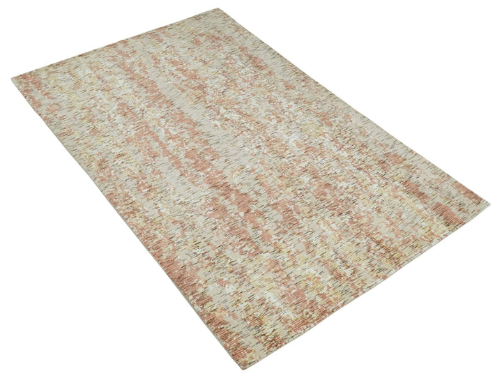 Modern Abstract Peach, Ivory, Gold and Charcoal Hand loom 5x8 Wool and Viscose Area Rug - The Rug Decor