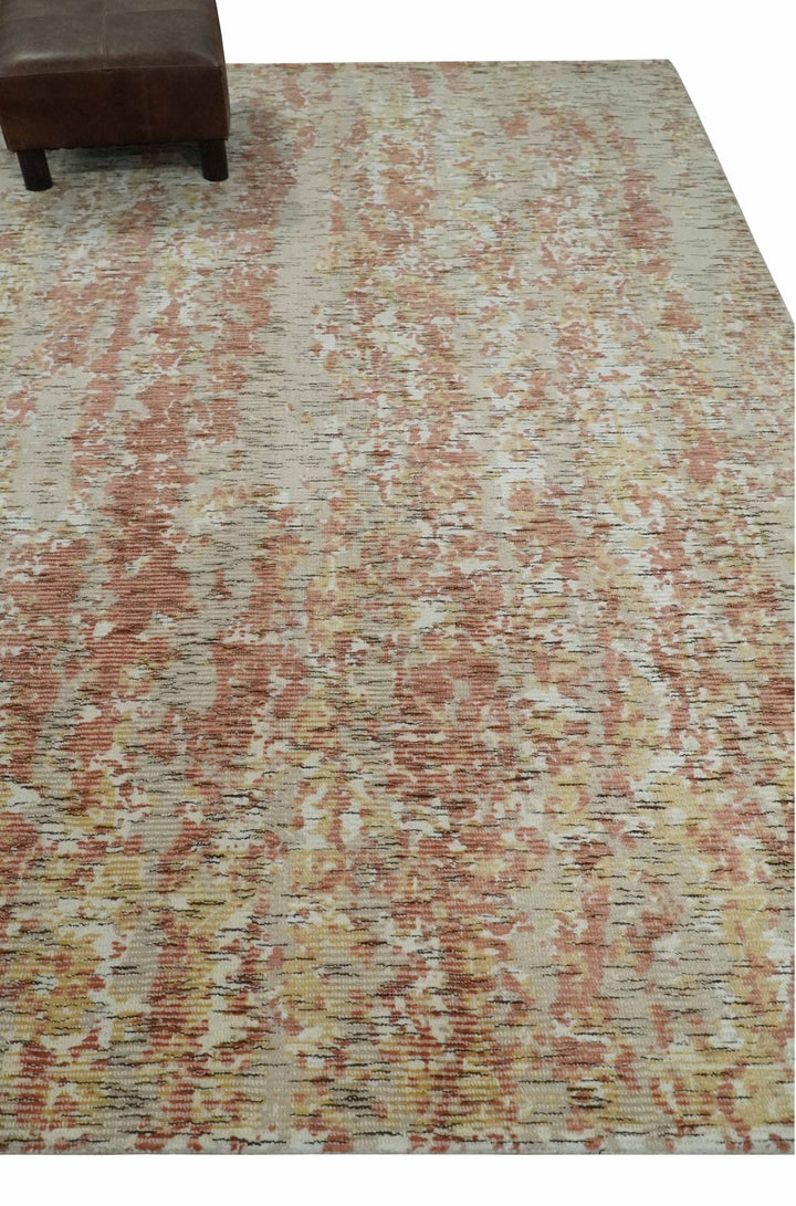 Modern Abstract Peach, Ivory, Gold and Charcoal Hand loom 5x8 Wool and Viscose Area Rug - The Rug Decor