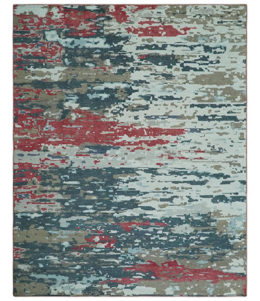 Modern Abstract Red, Ivory and Blue 8x10 Hand Knotted Low Pile Wool Rug | AC18810 - The Rug Decor