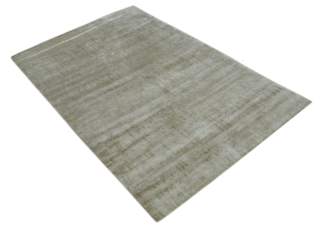 Modern Abstract Silver and Olive Hand knotted 6x9 Bamboo Silk Area Rug - The Rug Decor