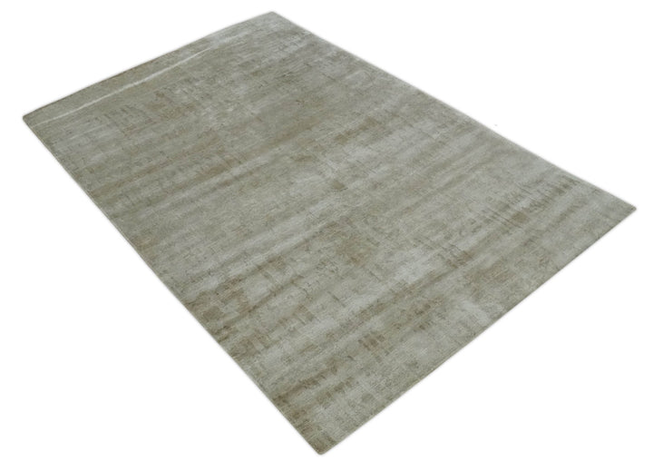 Modern Abstract Silver and Olive Hand knotted 6x9 Bamboo Silk Area Rug - The Rug Decor