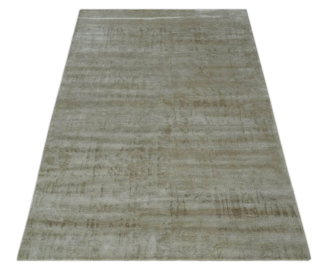 Modern Abstract Silver and Olive Hand knotted 6x9 Bamboo Silk Area Rug - The Rug Decor
