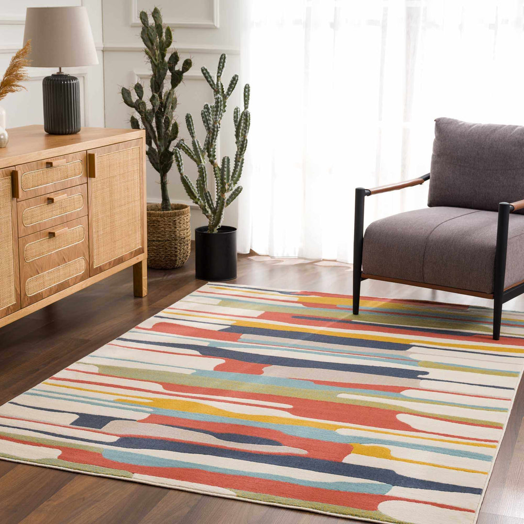 Modern Abstract Stripes Beige, Navy and Red Medium Pile Area Rug, Kids Rug - The Rug Decor