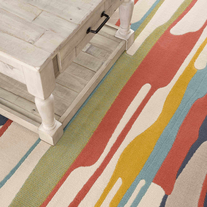 Modern Abstract Stripes Beige, Navy and Red Medium Pile Area Rug, Kids Rug - The Rug Decor