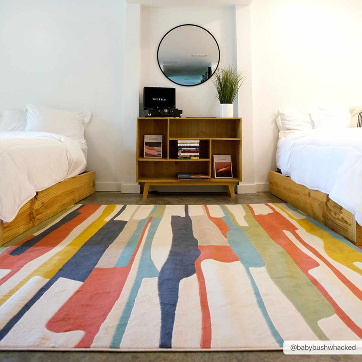 Modern Abstract Stripes Beige, Navy and Red Medium Pile Area Rug, Kids Rug - The Rug Decor