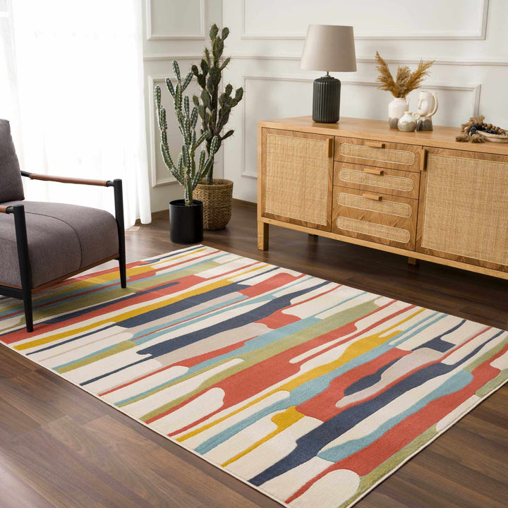 Modern Abstract Stripes Beige, Navy and Red Medium Pile Area Rug, Kids Rug - The Rug Decor