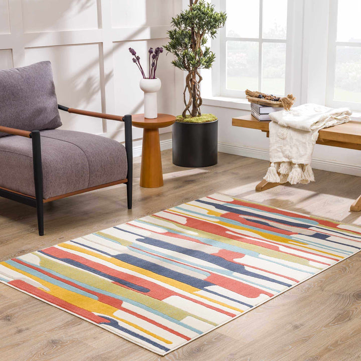 Modern Abstract Stripes Beige, Navy and Red Medium Pile Area Rug, Kids Rug - The Rug Decor