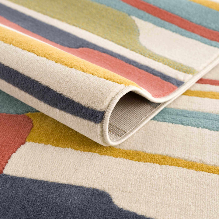 Modern Abstract Stripes Beige, Navy and Red Medium Pile Area Rug, Kids Rug - The Rug Decor