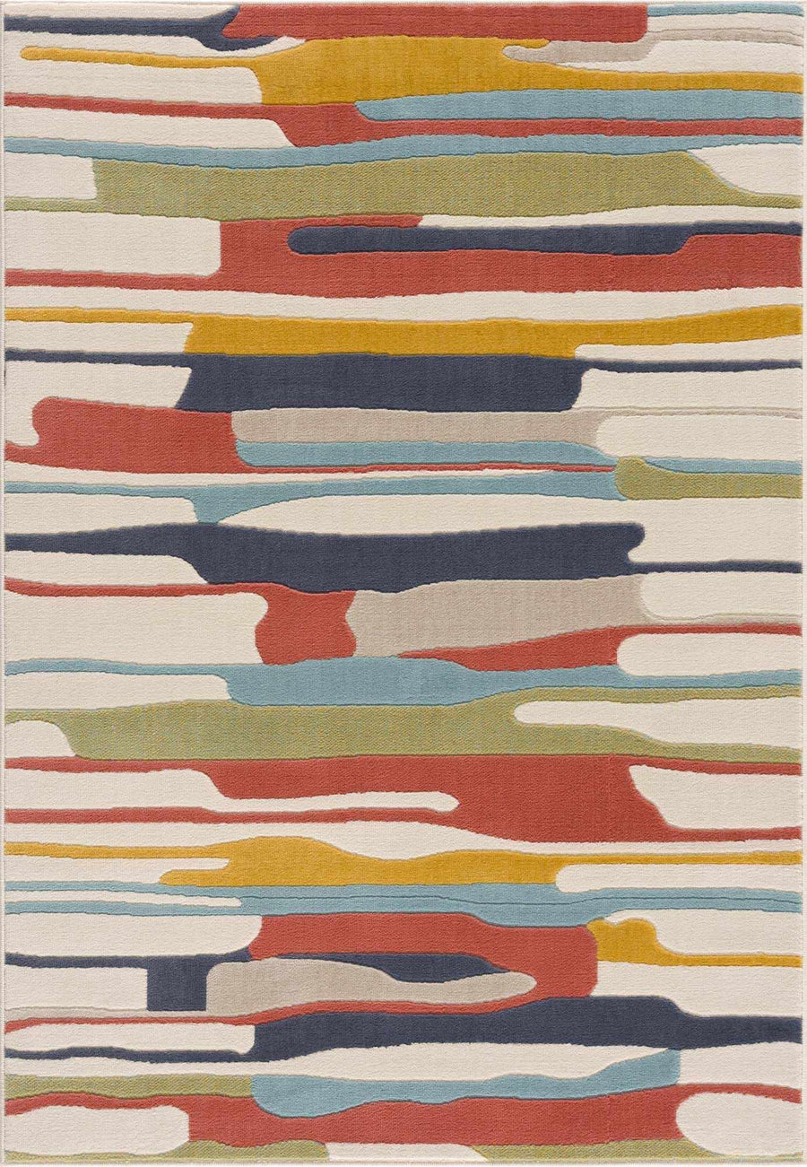 Modern Abstract Stripes Beige, Navy and Red Medium Pile Area Rug, Kids Rug - The Rug Decor
