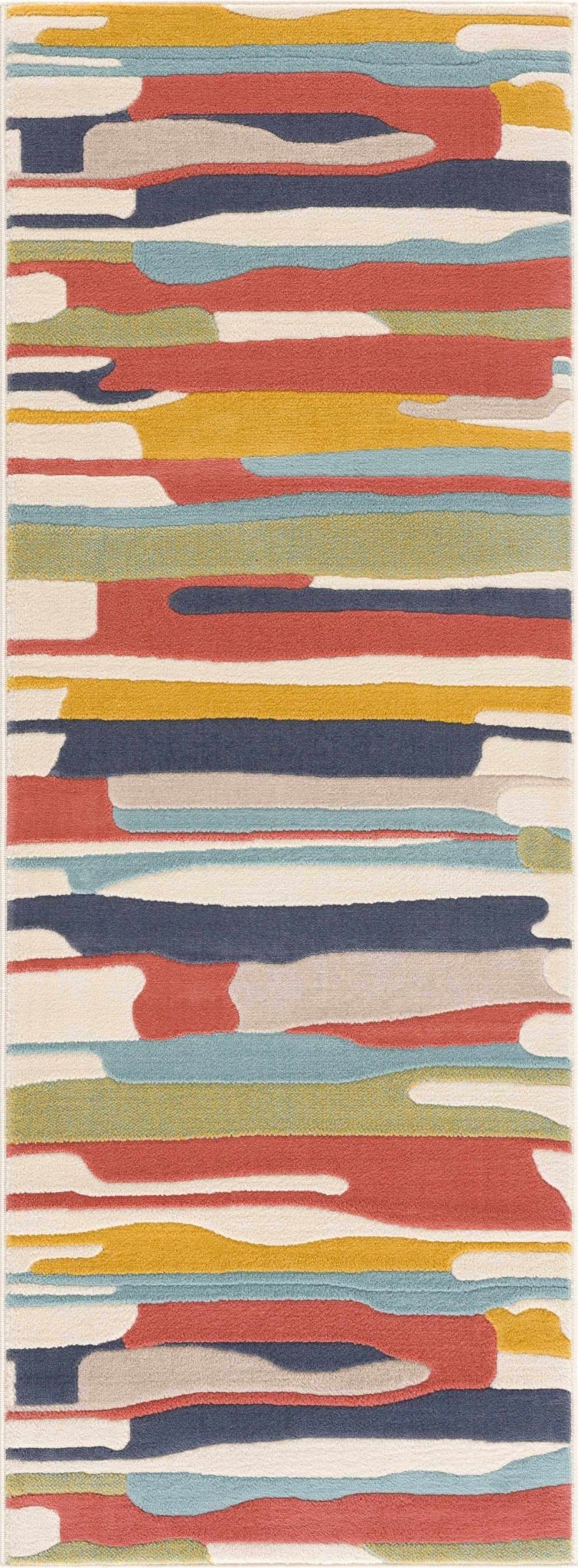 Modern Abstract Stripes Beige, Navy and Red Medium Pile Area Rug, Kids Rug - The Rug Decor