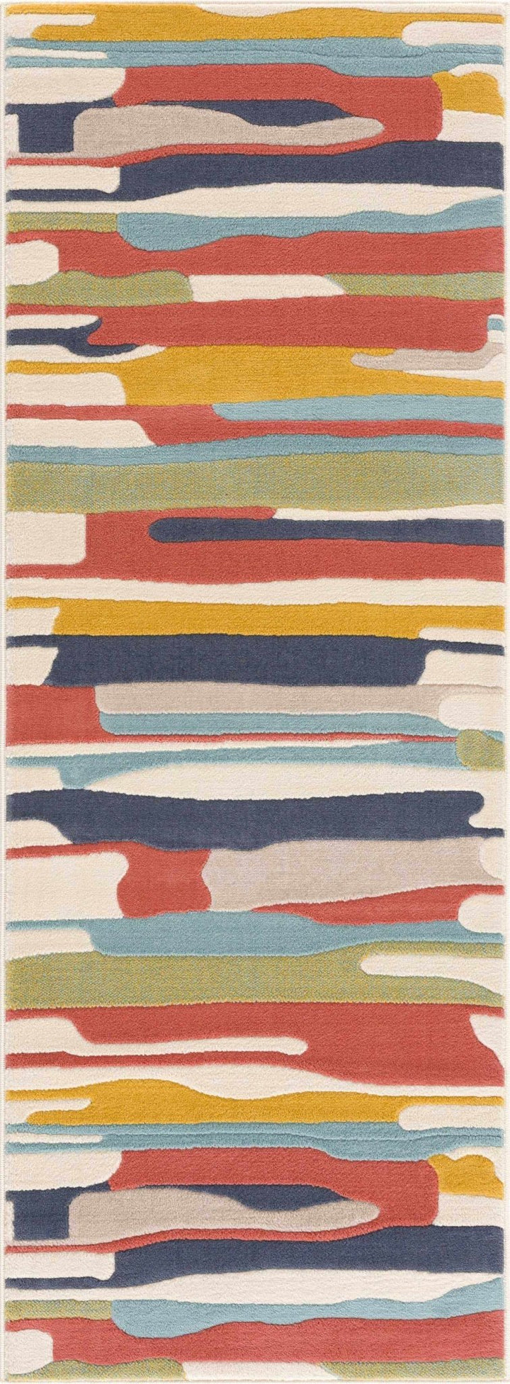 Modern Abstract Stripes Beige, Navy and Red Medium Pile Area Rug, Kids Rug - The Rug Decor