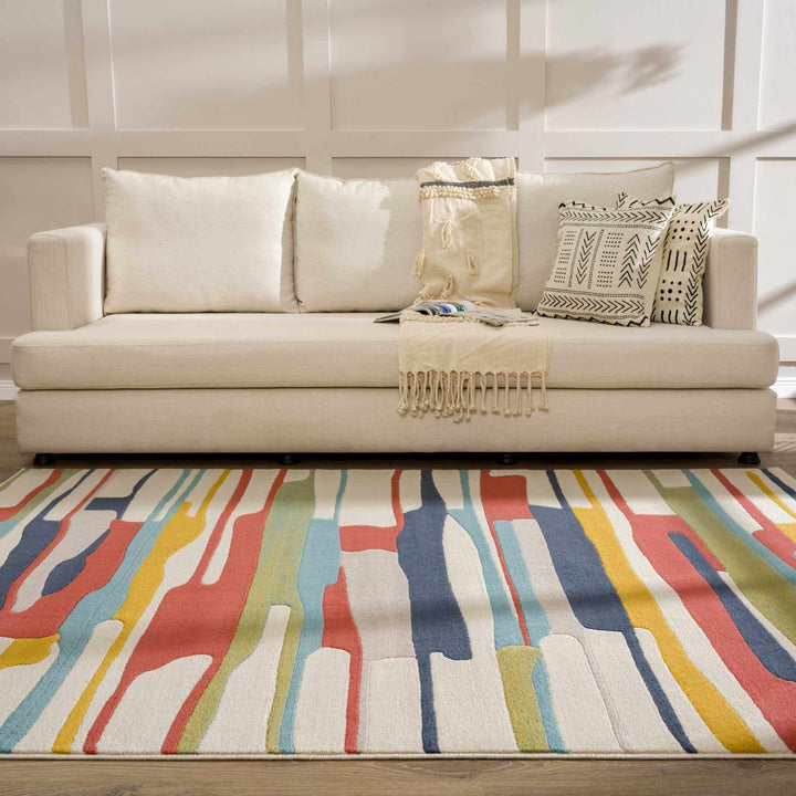 Modern Abstract Stripes Beige, Navy and Red Medium Pile Area Rug, Kids Rug - The Rug Decor