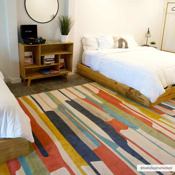 Modern Abstract Stripes Beige, Navy and Red Medium Pile Area Rug, Kids Rug - The Rug Decor