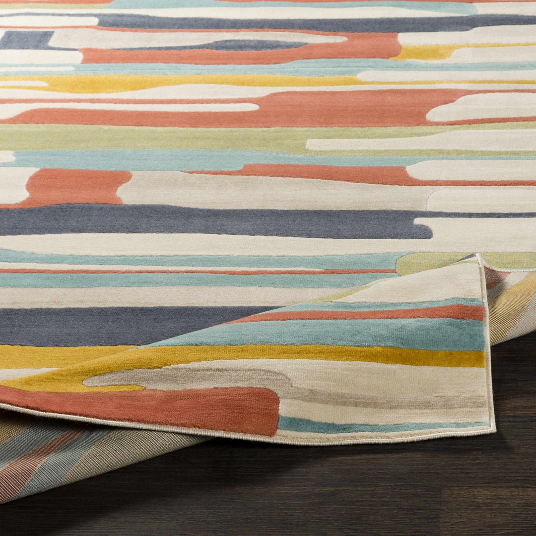 Modern Abstract Stripes Beige, Navy and Red Medium Pile Area Rug, Kids Rug - The Rug Decor