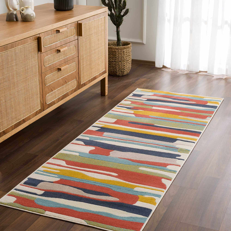 Modern Abstract Stripes Beige, Navy and Red Medium Pile Area Rug, Kids Rug - The Rug Decor