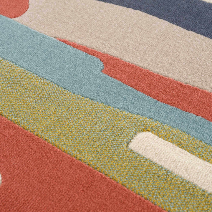 Modern Abstract Stripes Beige, Navy and Red Medium Pile Area Rug, Kids Rug - The Rug Decor