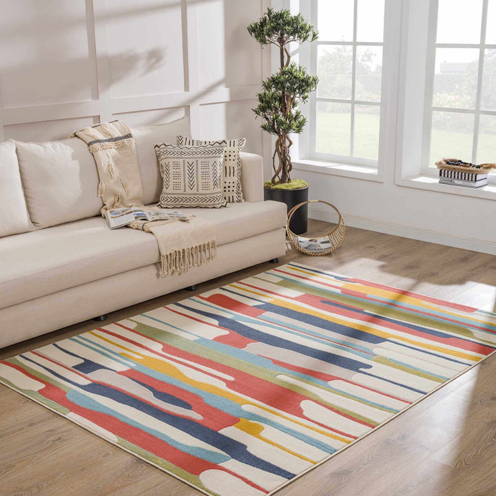 Modern Abstract Stripes Beige, Navy and Red Medium Pile Area Rug, Kids Rug - The Rug Decor