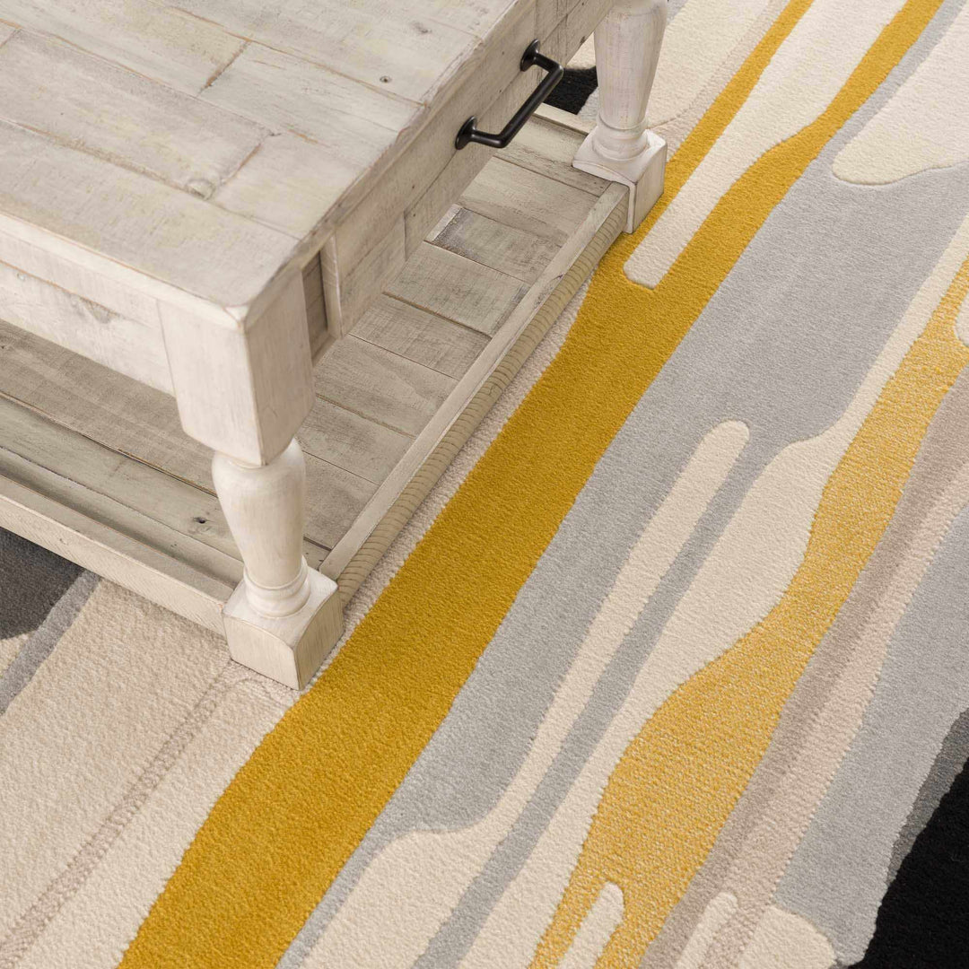 Modern Abstract Stripes Mustard, Black, Light Gray ,Taupe, Charcoal and Peach Area Rug - The Rug Decor