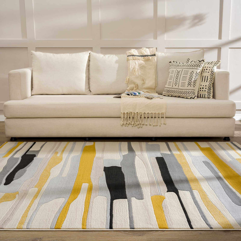 Modern Abstract Stripes Mustard, Black, Light Gray ,Taupe, Charcoal and Peach Area Rug - The Rug Decor