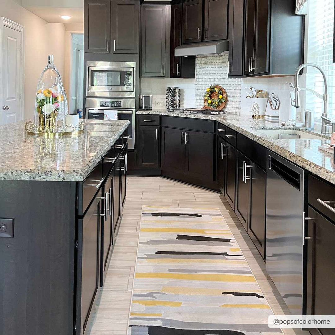 Modern Abstract Stripes Mustard, Black, Light Gray ,Taupe, Charcoal and Peach Area Rug - The Rug Decor