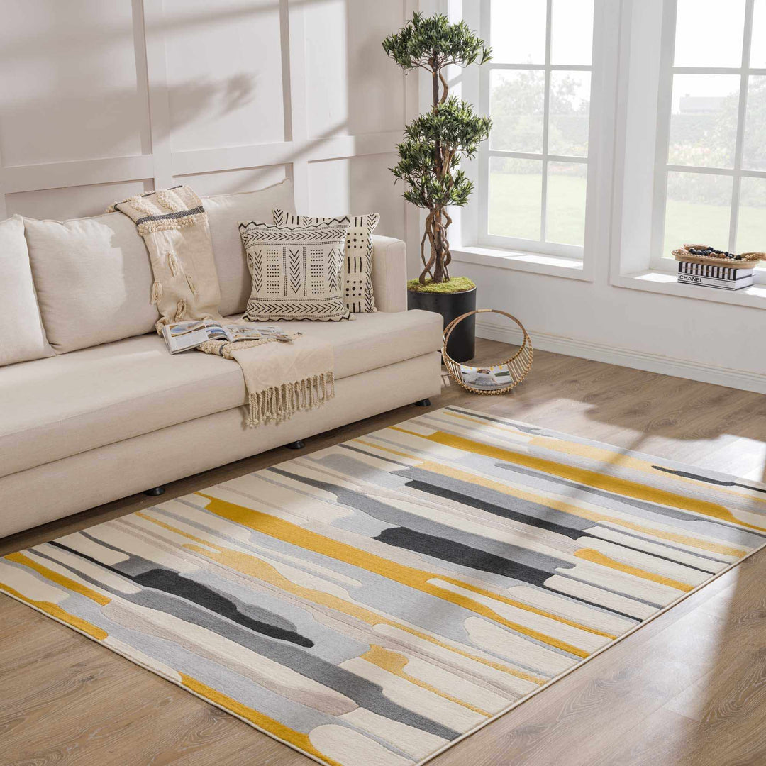 Modern Abstract Stripes Mustard, Black, Light Gray ,Taupe, Charcoal and Peach Area Rug - The Rug Decor