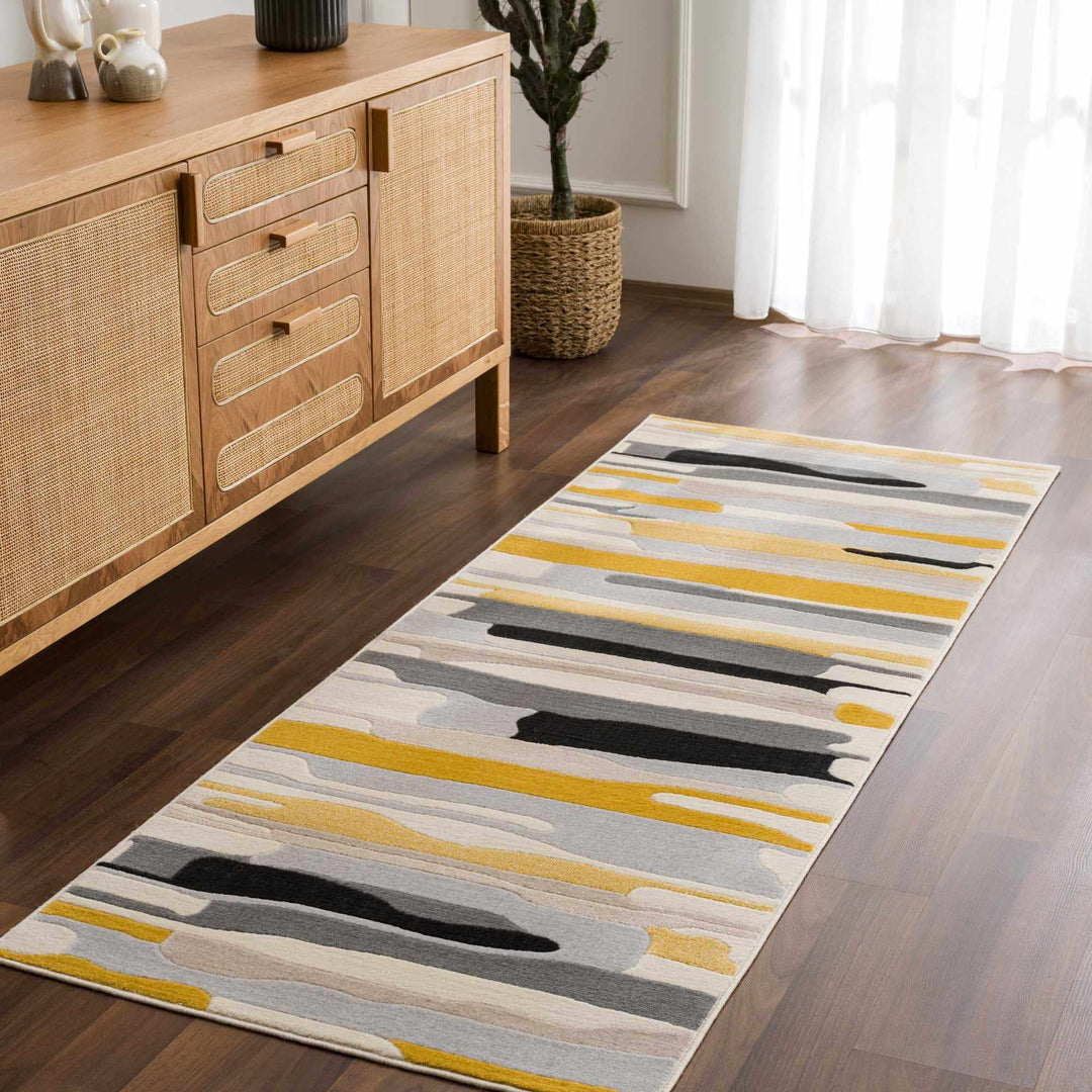 Modern Abstract Stripes Mustard, Black, Light Gray ,Taupe, Charcoal and Peach Area Rug - The Rug Decor