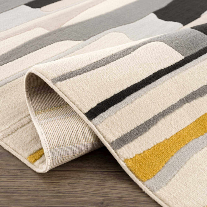 Modern Abstract Stripes Mustard, Black, Light Gray ,Taupe, Charcoal and Peach Area Rug - The Rug Decor