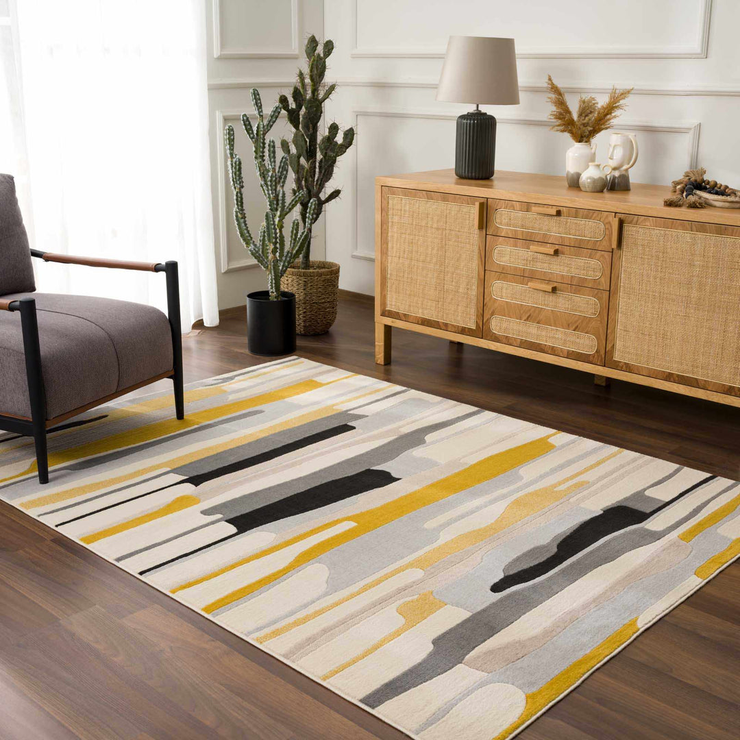 Modern Abstract Stripes Mustard, Black, Light Gray ,Taupe, Charcoal and Peach Area Rug - The Rug Decor