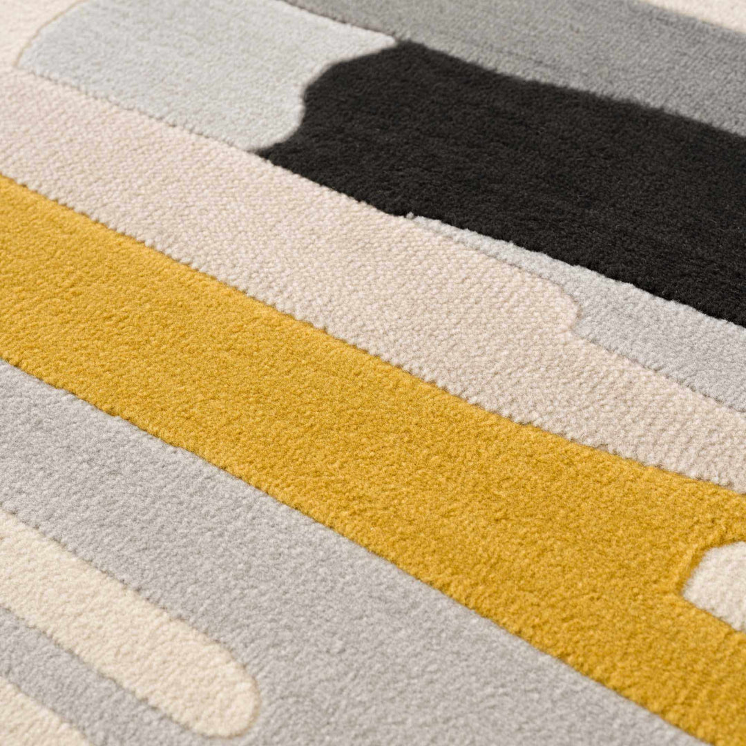 Modern Abstract Stripes Mustard, Black, Light Gray ,Taupe, Charcoal and Peach Area Rug - The Rug Decor