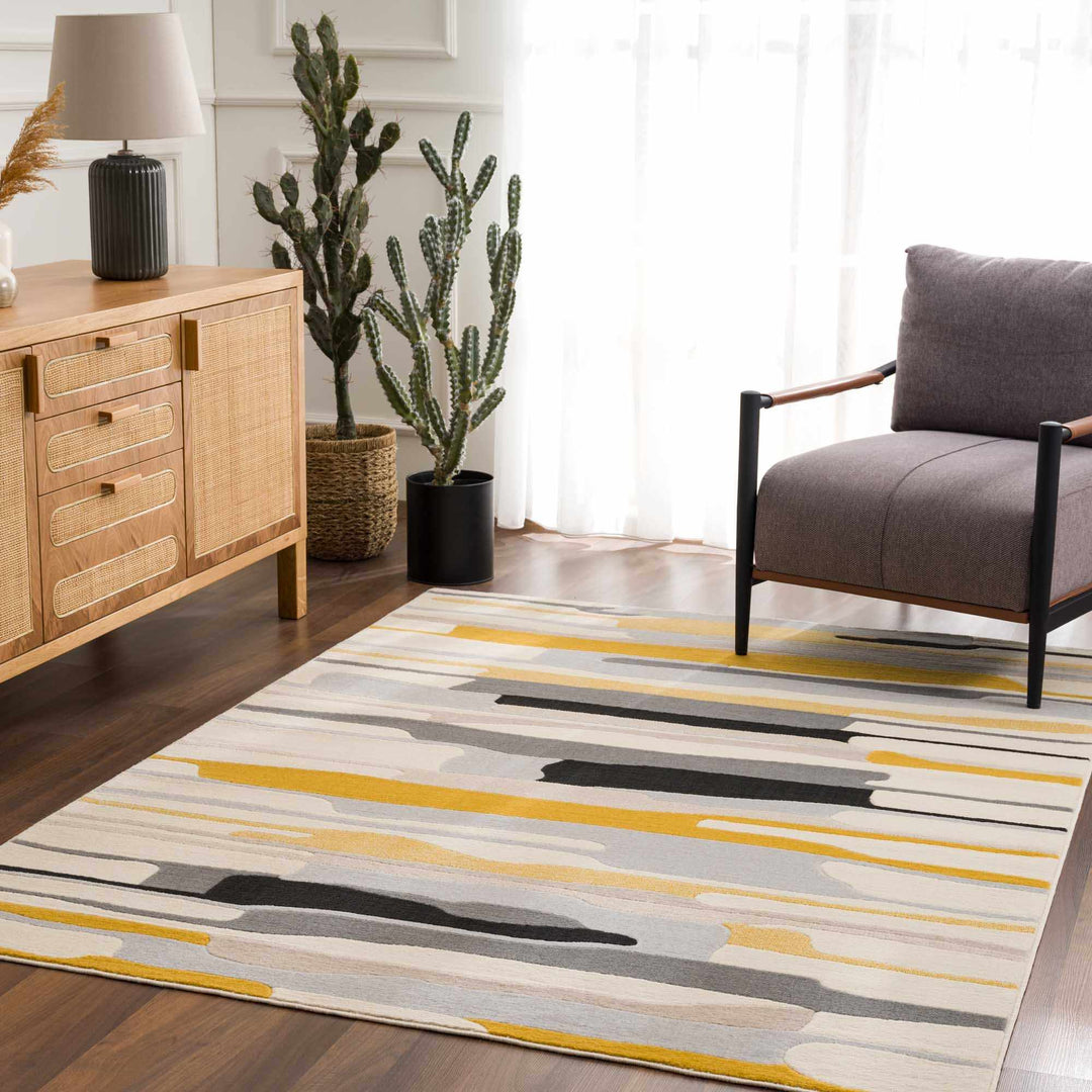Modern Abstract Stripes Mustard, Black, Light Gray ,Taupe, Charcoal and Peach Area Rug - The Rug Decor