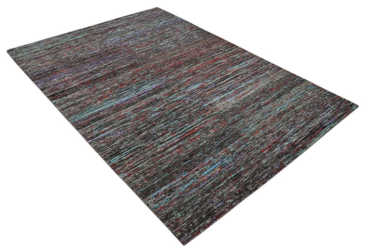 Modern Abstract Vibrant Colorful Maroon, Violet, Blue and Charcoal Hand knotted Flat Woven 8x11.6 wool Area Rug - The Rug Decor