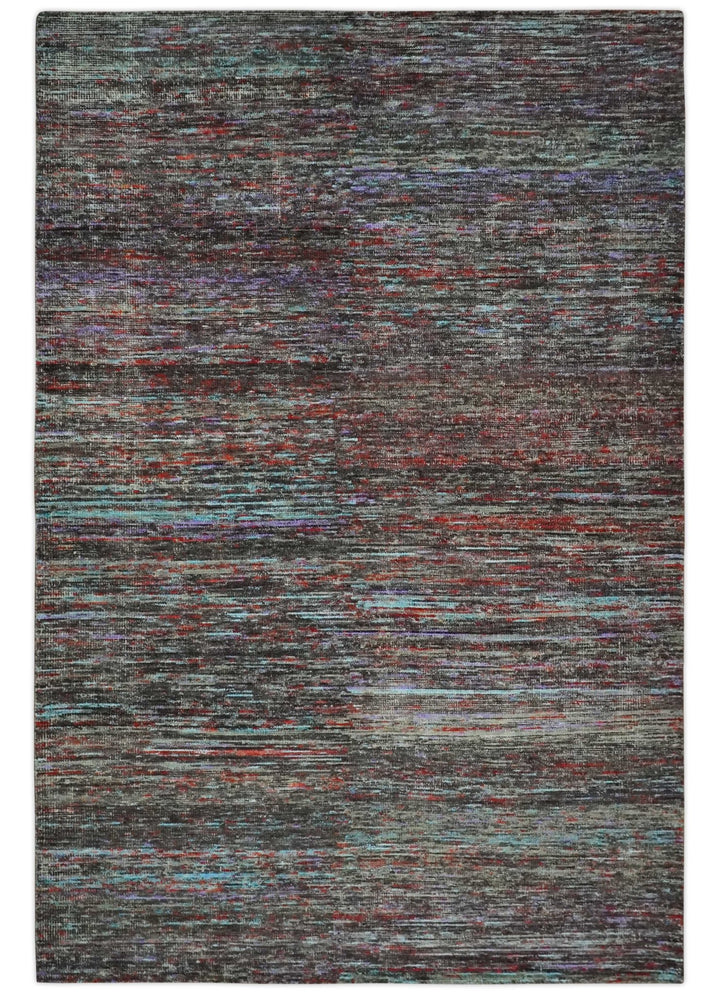 Modern Abstract Vibrant Colorful Maroon, Violet, Blue and Charcoal Hand knotted Flat Woven 8x11.6 wool Area Rug - The Rug Decor